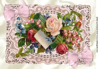 Pretty Coloured Vintage Flowers on Lace A4