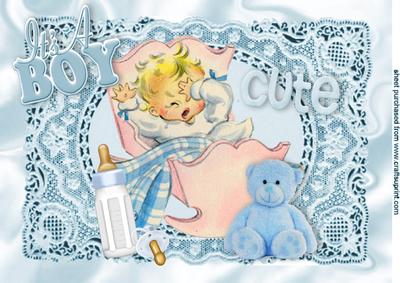 Vintage Baby Boy in Crib with Teddy on Lace A4