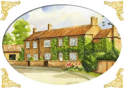 Pretty Cottage in Oval Frame with Gold Ornate Corners