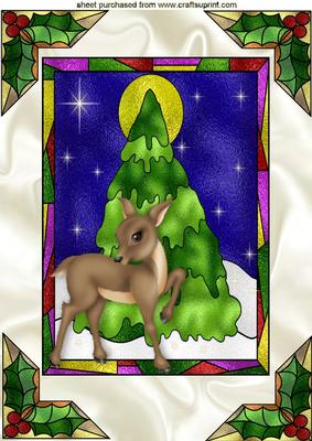 Christmas Tree in Stained Glass Window with Deer A4