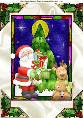 Christmas Tree in Stained Glass Window with Santa A4
