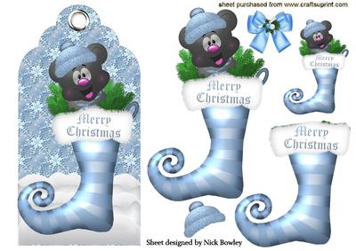 Little Bear in Stocking on Snowflake Tag
