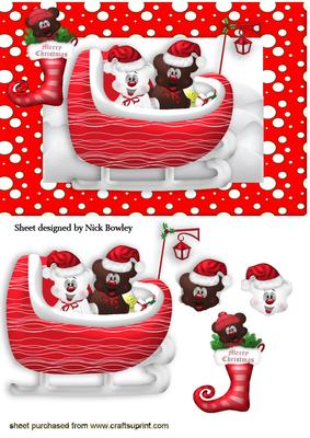 Little Bears in a Sleigh, with Cute Bear in Stocking