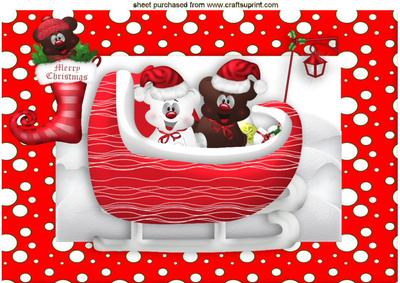 Little Bears in a Sleigh with Cute Ted in Stocking A4