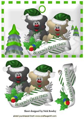 Christmas Teddies in Santa Hats on a Tag