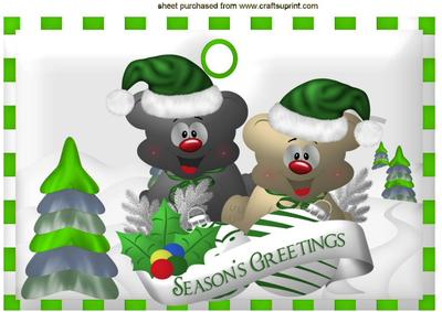 Christmas Teddies in Santa Hats on a Tag A4