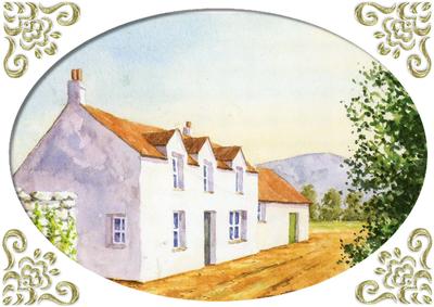White Country Cottage with Thatched Roof A4
