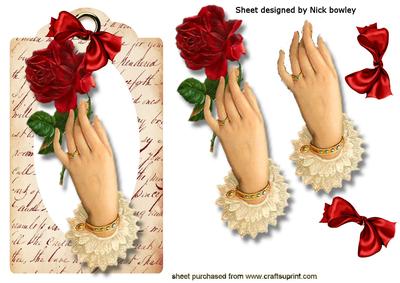 Beautiful Red Rose, with Hand on Vintage Tag