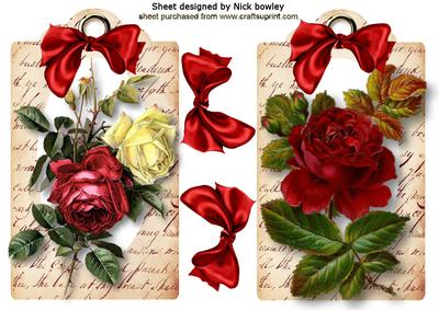 Beautiful Red Roses on Vintage Script Tags