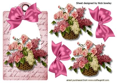 Pretty Flowers in a Basket on Pink Vintage Tag