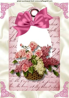 Pretty Flowers in a Basket on Pink Vintage Tag A4