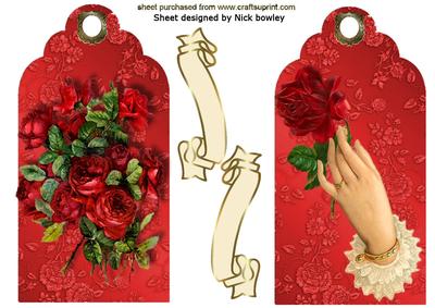 Red Roses and Ladies Hand on Vintage Tag