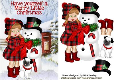 Little Girl in Tartan with Snowman & Pug