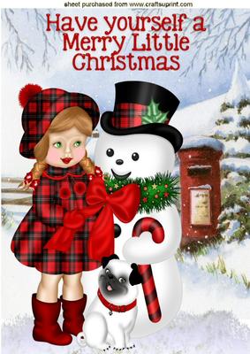 Little Girl in Tartan with Snowman & Pug A4