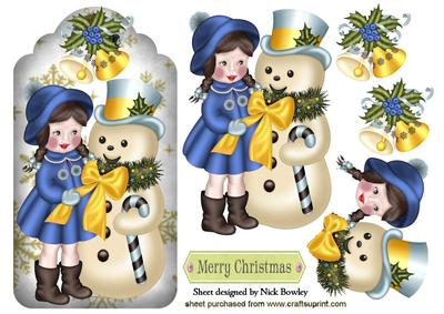Little Girl in Blue with Snowman on a Tag