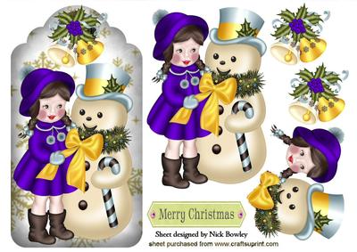Little Girl in Purple with Snowman on a Tag