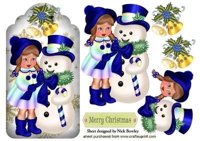 Little Girl in Rainbow with Snowman on a Tag