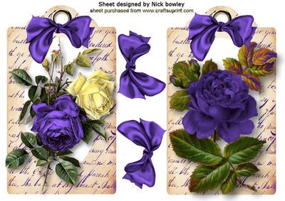 Beautiful Purple Roses on Script Vintage Tag