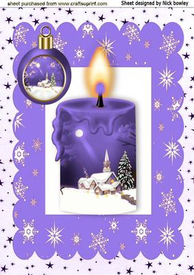 Purple Candle with Snow Scene and Bauble A4