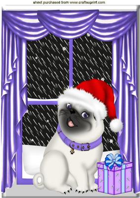 Cute Little Pug in Santa Hat in the Window A4