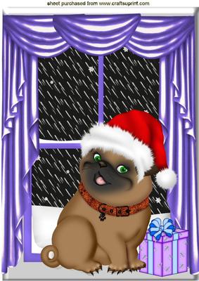 Little Brown Pug in the Window with Snow A4