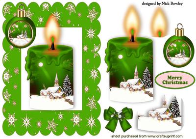 Green Candle with Snow Scene and Bauble