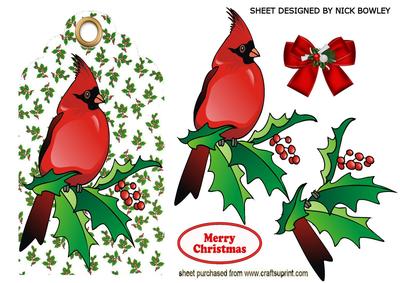 Red Cardinal Bird on a Holly Tag