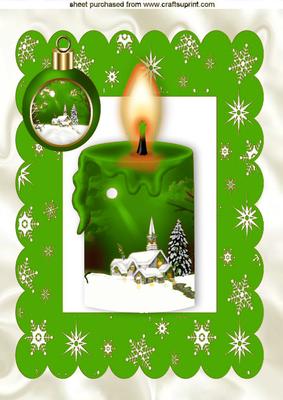 Green Candle with Snow Scene and Bauble A4