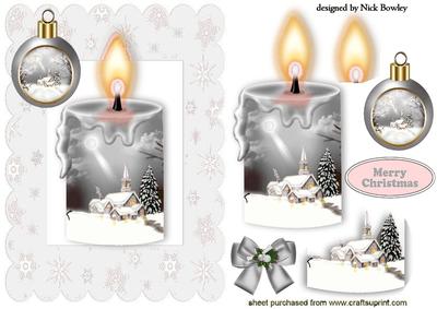 Silver Candle with Snow Scene and Bauble