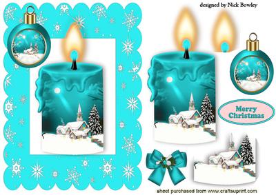 Turq Candle with Snow Scene and Bauble
