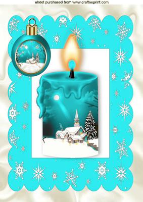 Turq Candle with Snow Scene and Bauble A4