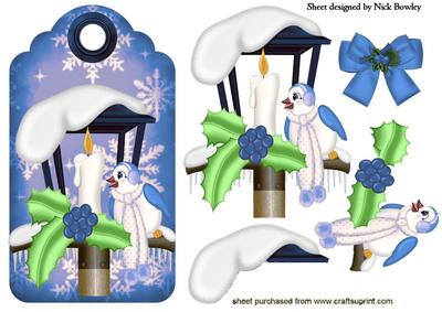 Little Bluebird Warming with Candle on a Tag