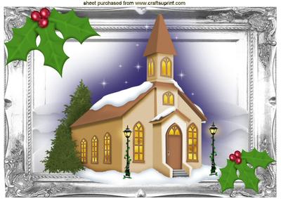 Church in the Snow in Silver Ornate Frame A4