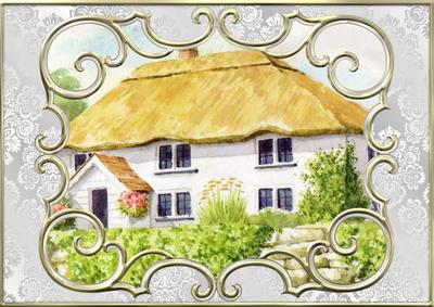 White Cottage with Thatched Roof & Ornate Frame A4