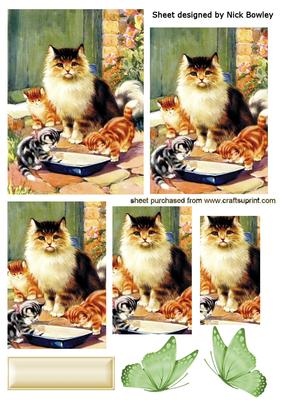 Vintage Persian Cat with Her Kittens & Butterflies