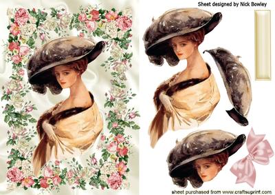 Beautiful Edwardian Lady in Hat in Rose Frame