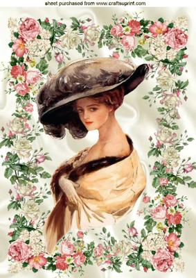 Beautiful Edwardian Lady in Hat in Rose Frame A4