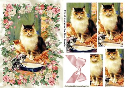 Vintage Cat with Kittens in Rose Frame