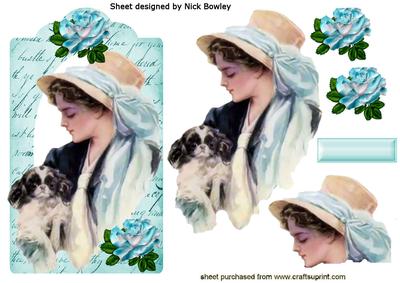 Edwardian Lady in Blue with Puppy on Script Tag