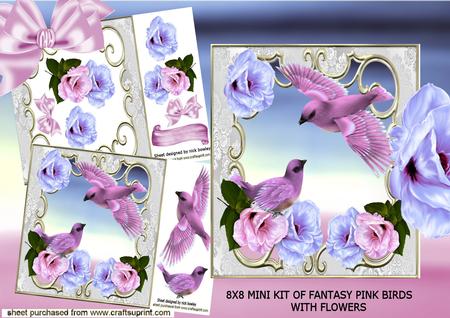 Beautiful Fantasy Pink Birds with Roses 8x8 Mini Kit