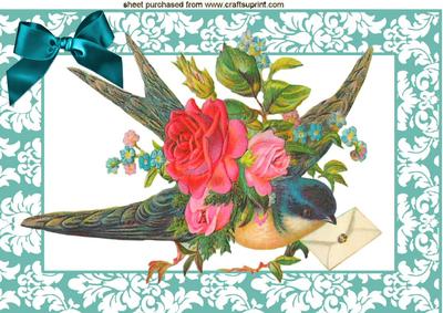 Pretty Blue Bird with Vintage Letter & Roses A4