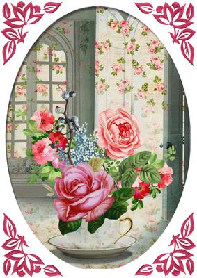 Beautiful Roses in a Teacup with Oval Frame A4