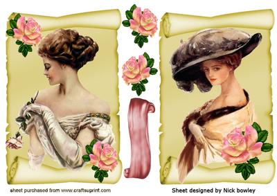Vintage Ladies with Roses on Scrolls