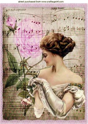 Vintage Lady on Music Sheet with Rose A4