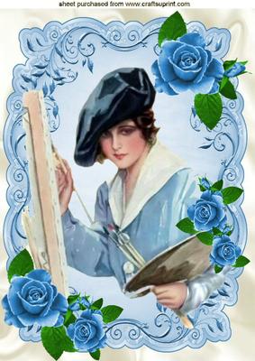Vintage Edwardian Lady Artist with Roses A4