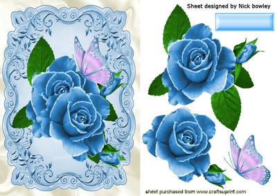 Blue Painted Roses with Butterfly