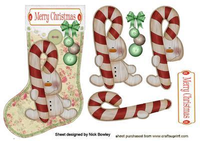 Wooden Snowman in Stocking with Candy Cane