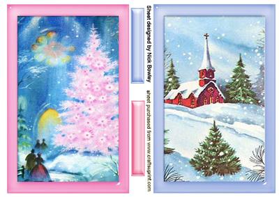 Christmas Scenes with Church and Pink Tree Cards