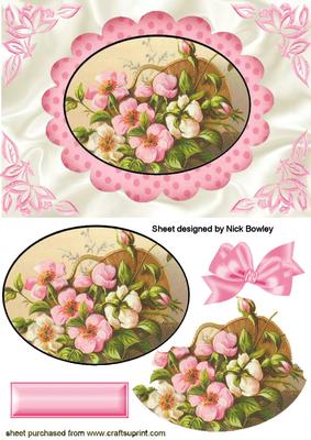 Pretty Pink Flowers in a Basket in Oval Frame