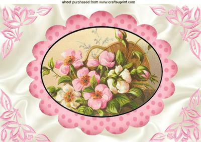 Pretty Pink Flowers in a Basket in Oval Frame A4